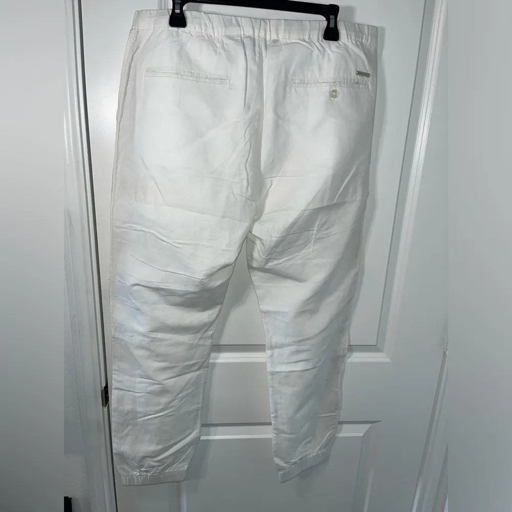 Sean John Lightweight Ruched Casual White Trimmed Faux Leather Linen Pants Sz XL - Image 4