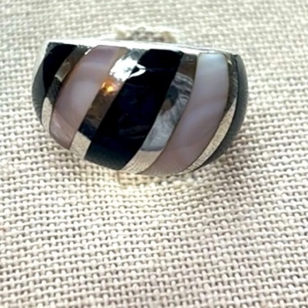 Artisan Sterling Silver 925 Mother of Pearl Onyx Inlay Ring Wide Band Boho 6.5 - Image 2