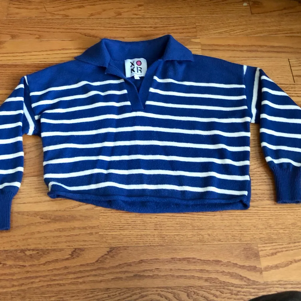 Kerri Rosenthal Striped Heart Polo Nautical Blue White Sweater Women’s Size S - Image 7