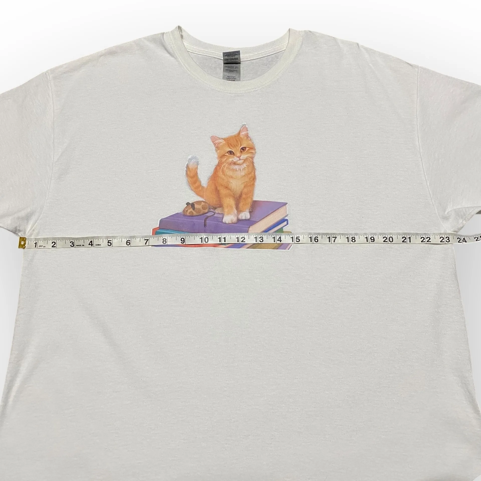 Grannycore Orange Kitten Books Graphic White T-Shirt Gildan Ultra Cotton XL - Image 5