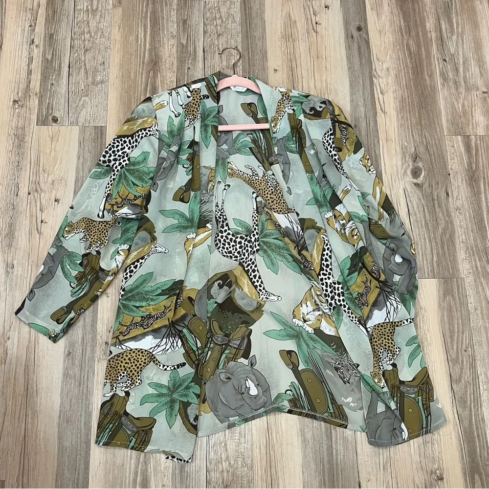 vintage animal print sheet blazer shoulder pads size Medium cheetah green - Image 5