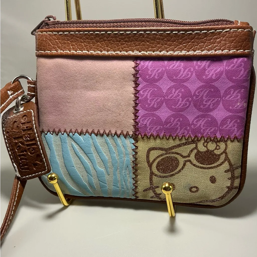 Rare Vintage Sanrio Hello Kitty 2008 Patchwork Style Snap Small Wallet Wristlet Brown - Image 2
