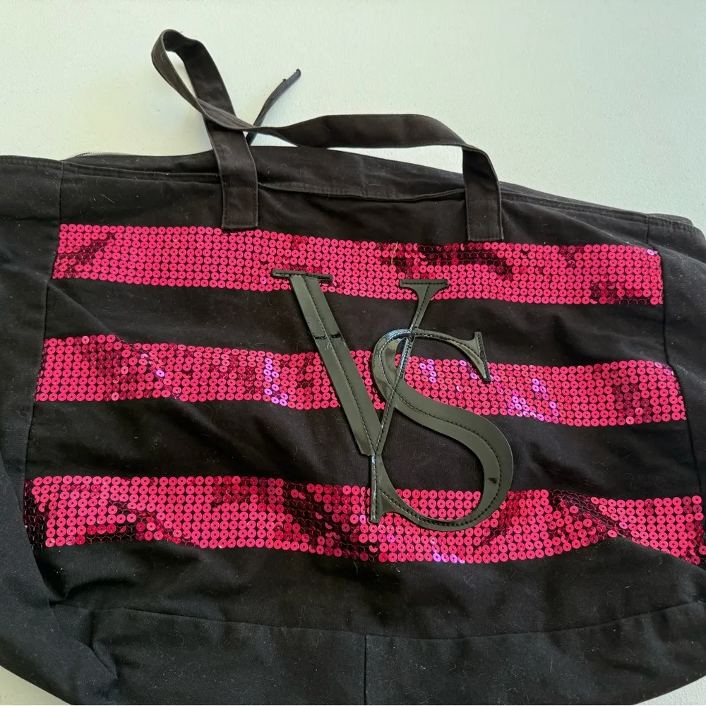 Victoria's Secret Tote Bag Large Striped Canvas Black/fuchsia Sequins Shoulder - Image 2