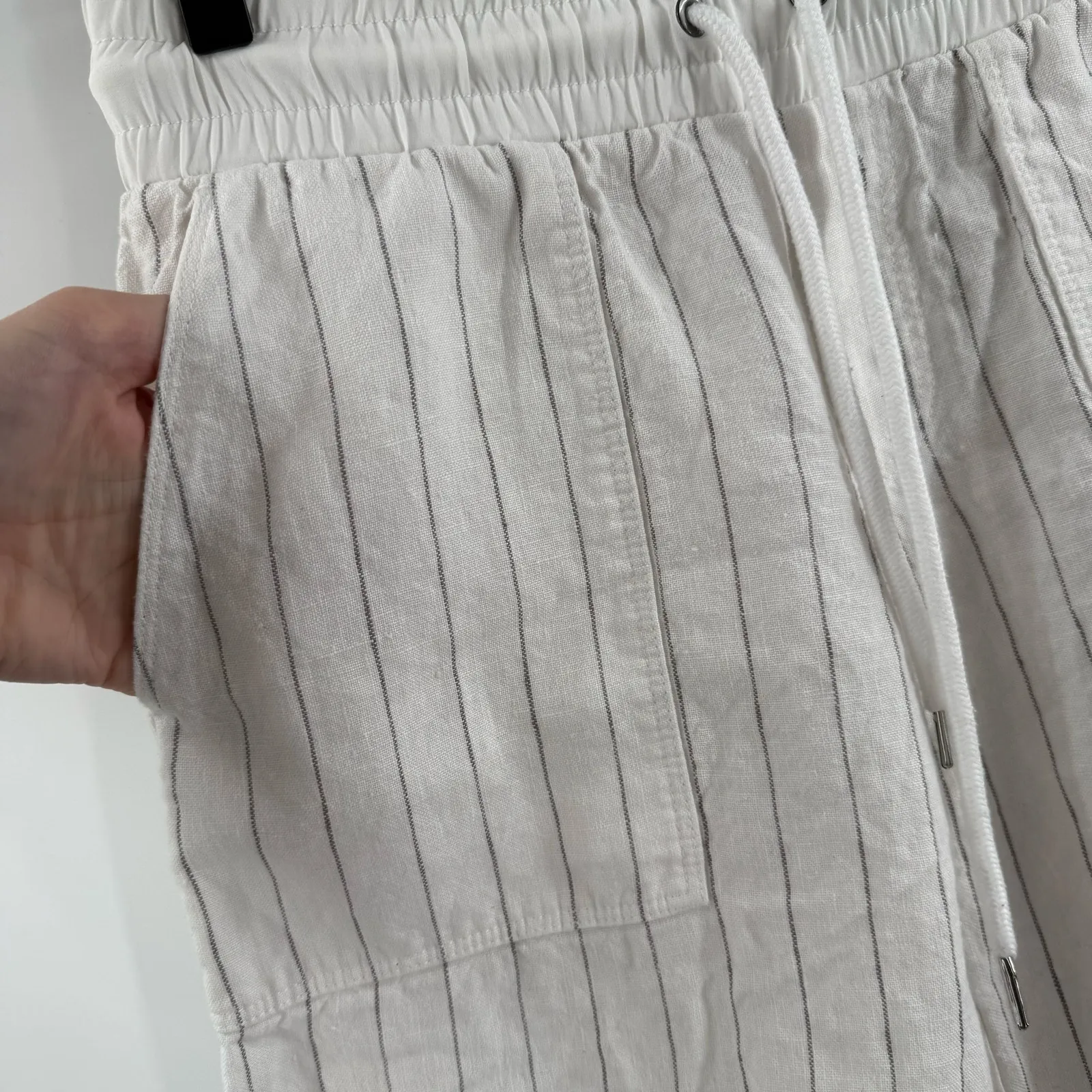 Athleta Bali Pants Women's SZ 2 Stripe 100% Linen White Drawstring Pull On Crop - Image 7