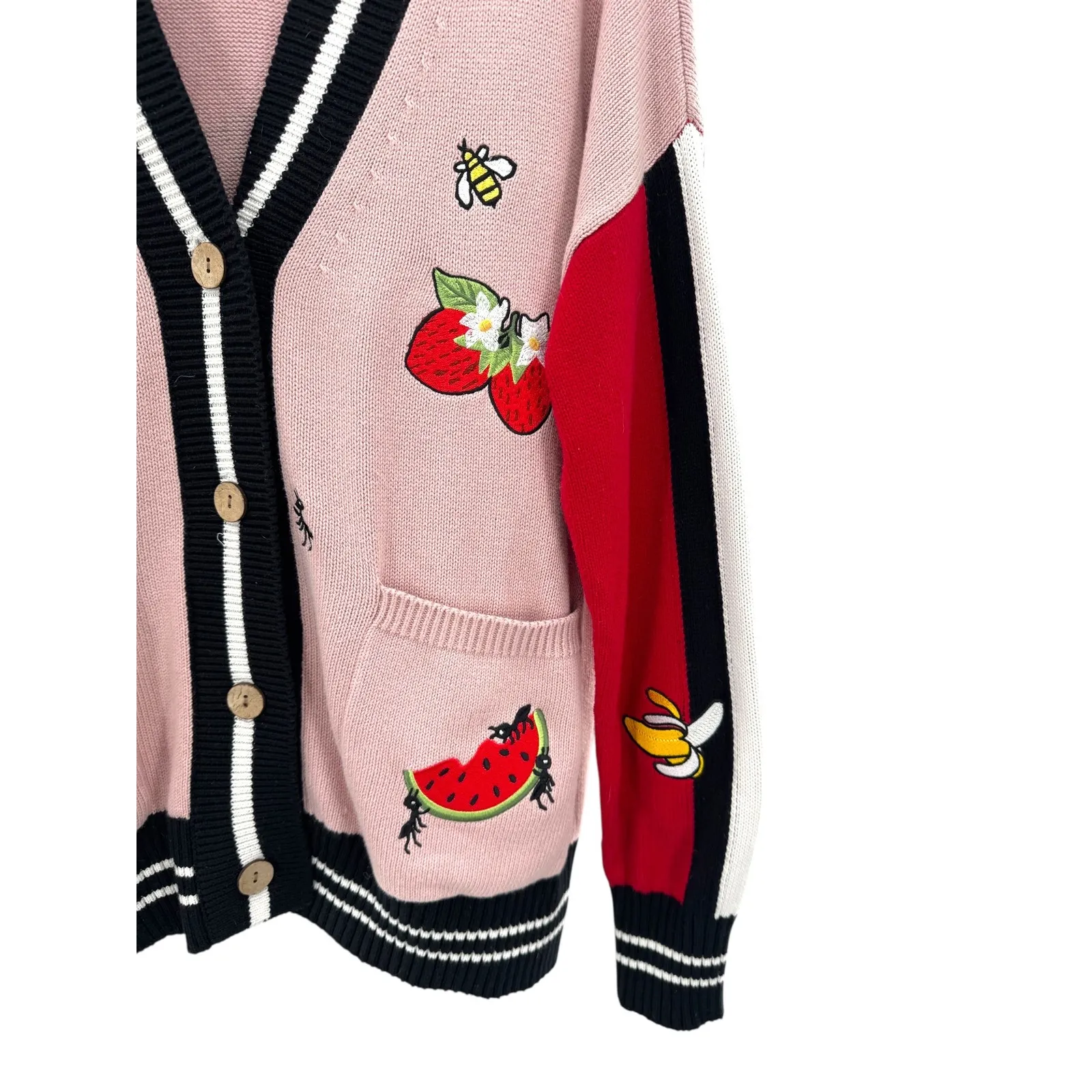 Minnie Rose Freshly Picked Fruit Print Varsity Cardigan O/S Pink Cotton Cashmere - Image 2