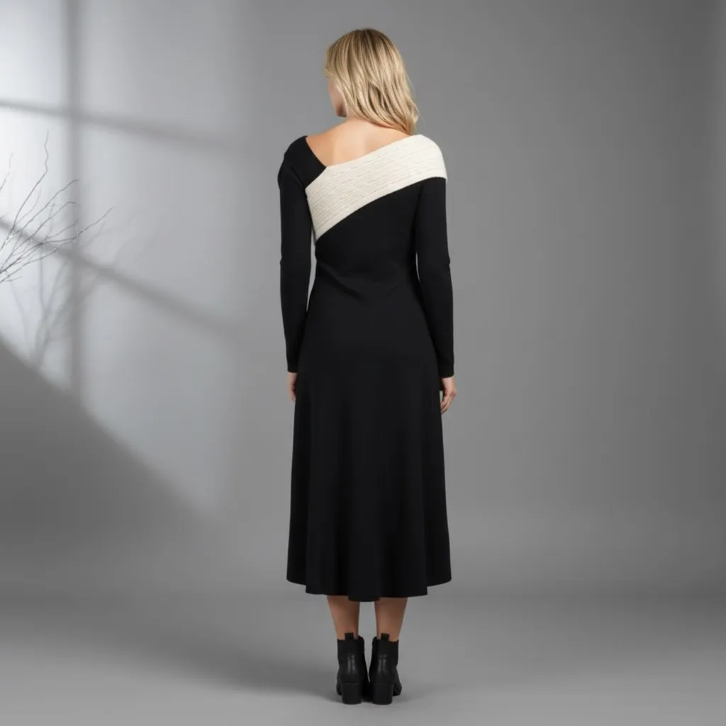 Dalia Macphee Long Sleeve Asymmetrical color block Maxi Sweater Dress black Sz M Size M - Image 2