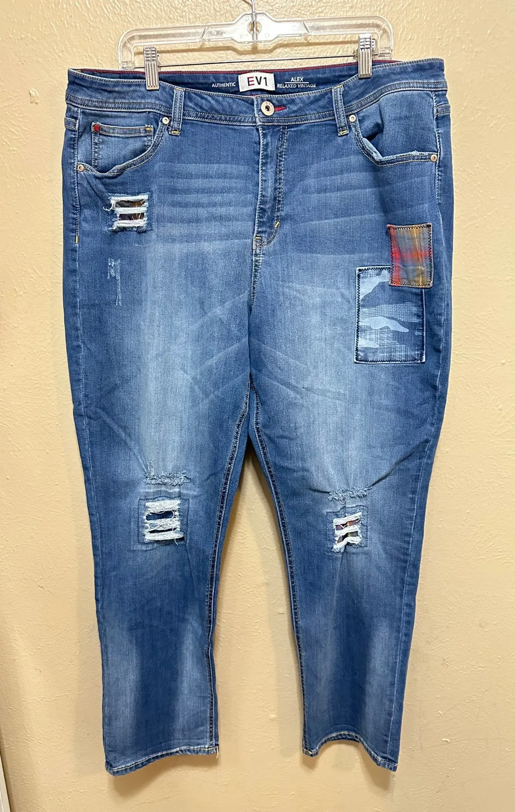 EV1 Alex Relaxed Vintage Jeans Womens Size 18 Distressed Patched Blue Denim - Image 1