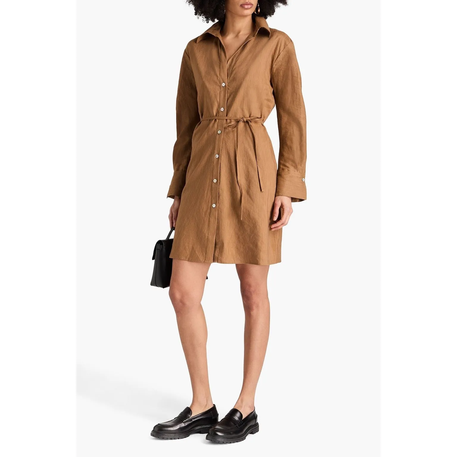 VINCE. Linen-blend mini shirt dress in tobacco tan WOMENS XS - Image 2