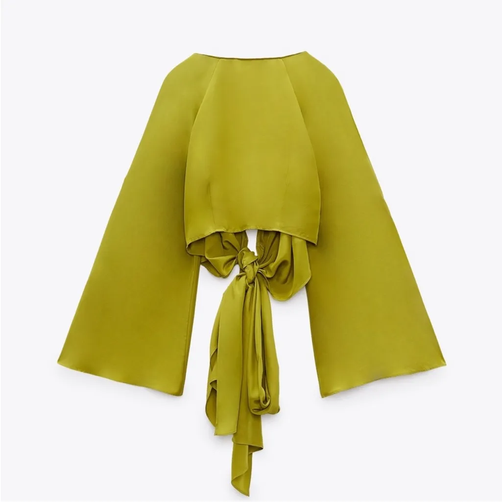 NWT Zara Lime Green Satin Silk Wrap Blouse XS - Image 3