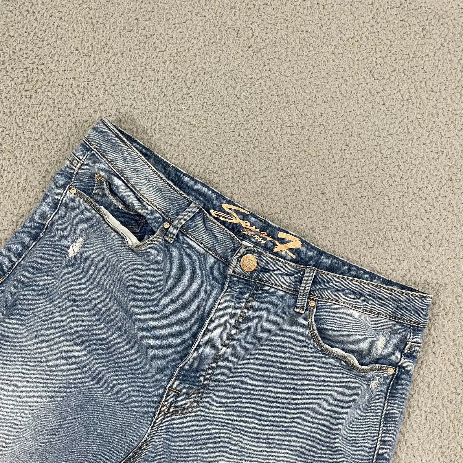 Seven7 Slim Flare Jeans Women 14 Medium Wash Enchanted Distressed Raw Hem - Image 2