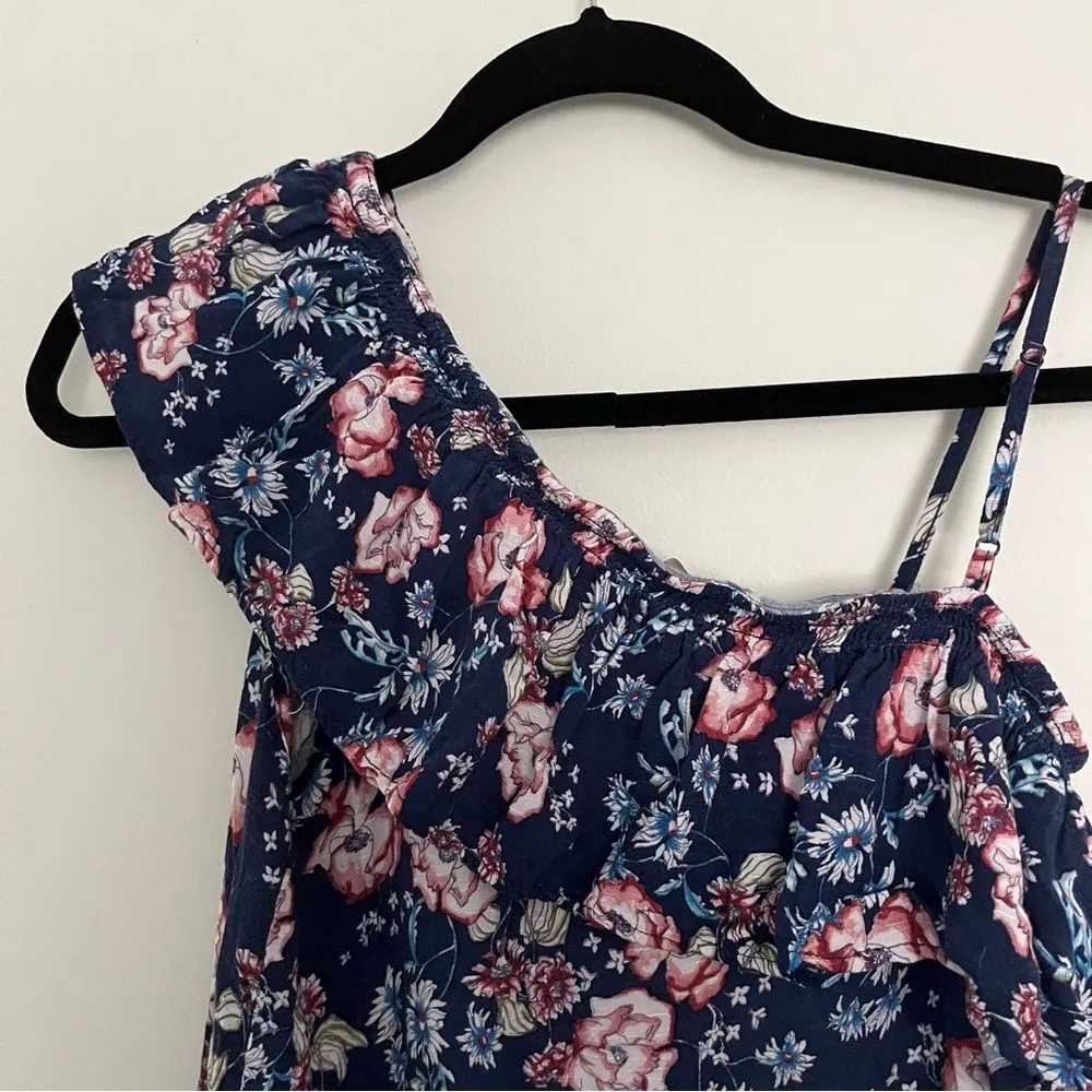 Pink Rose Floral One Shoulder Ruffle Mini Dress Navy Blue Size Small - Image 4