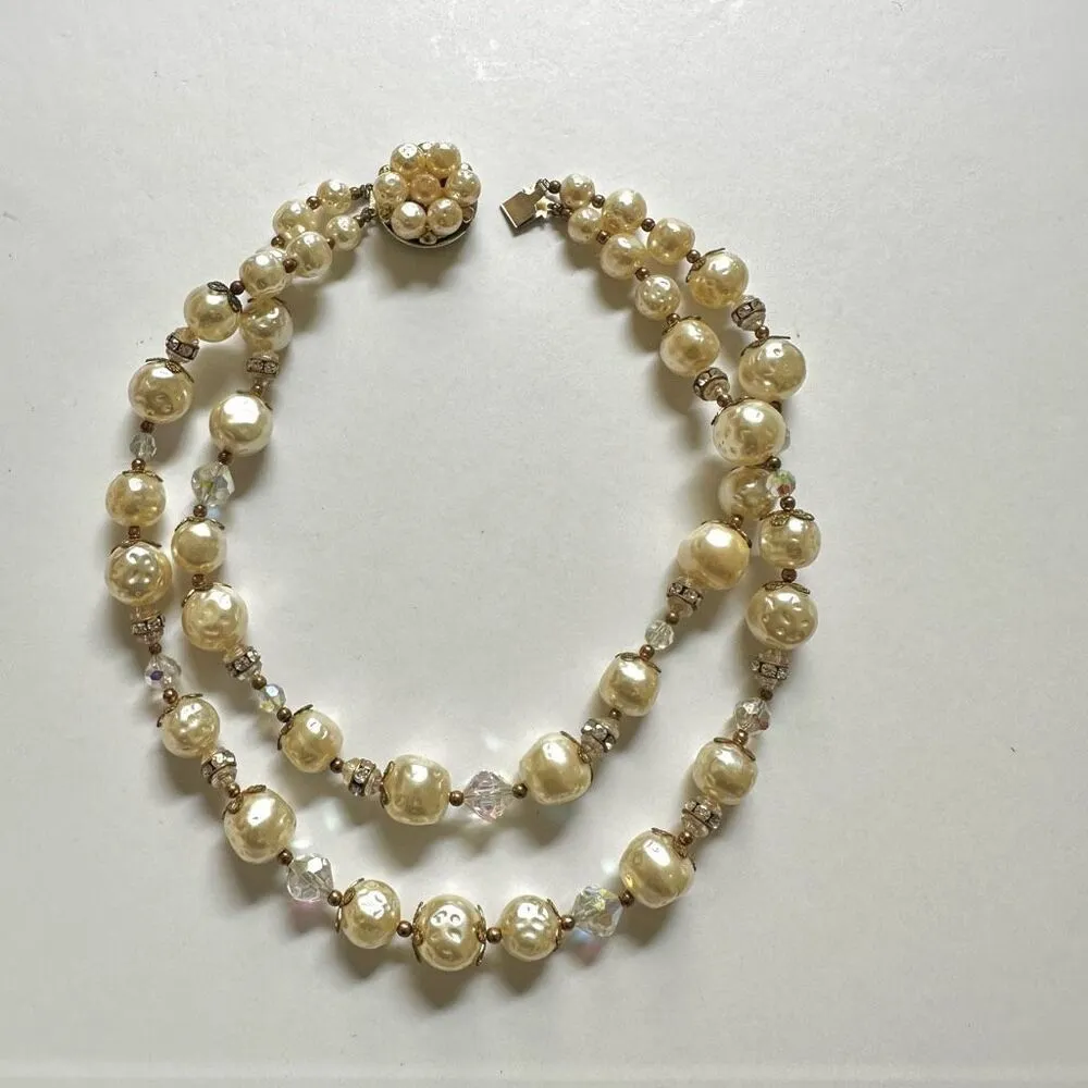 Vintage faux baroque pearl and crystal double strand necklace - Image 2