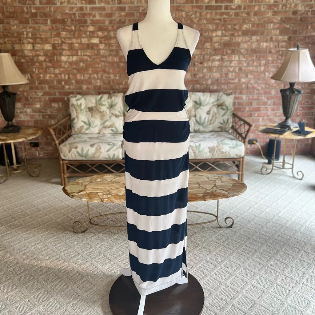Splendid Luna Lake Dress Maxi Striped Navy White Ruched M Racerback Nautical Mod - Image 3
