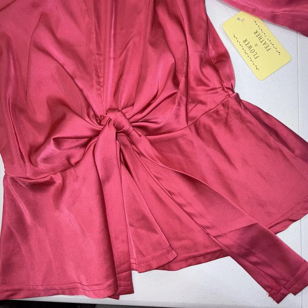 Flower & Feather Pink Silky Designer Preppy Shine Glam Bow Tie Blouse Top Small - Image 7