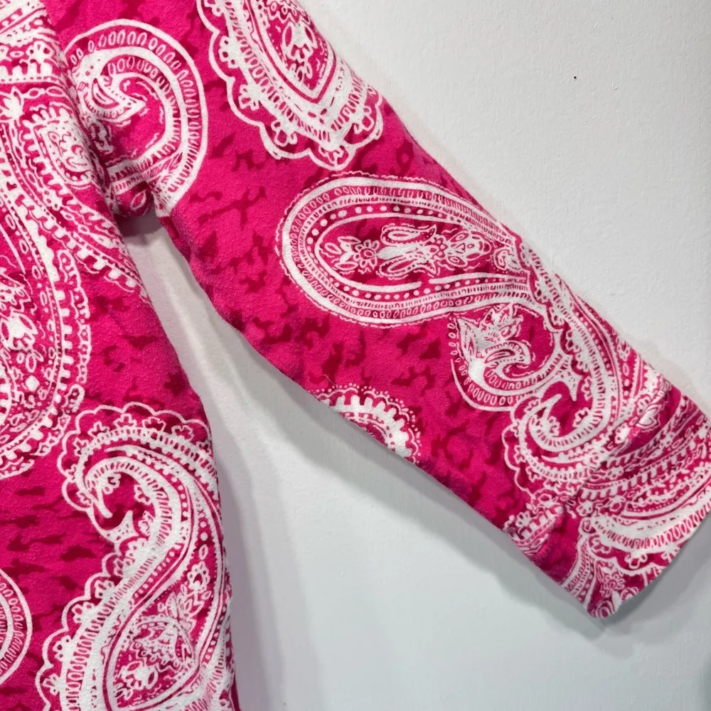 Jones New York Hot Pink & White Paisley 100% Cotton 3/4 Sleeve Waist Length Top - Image 2