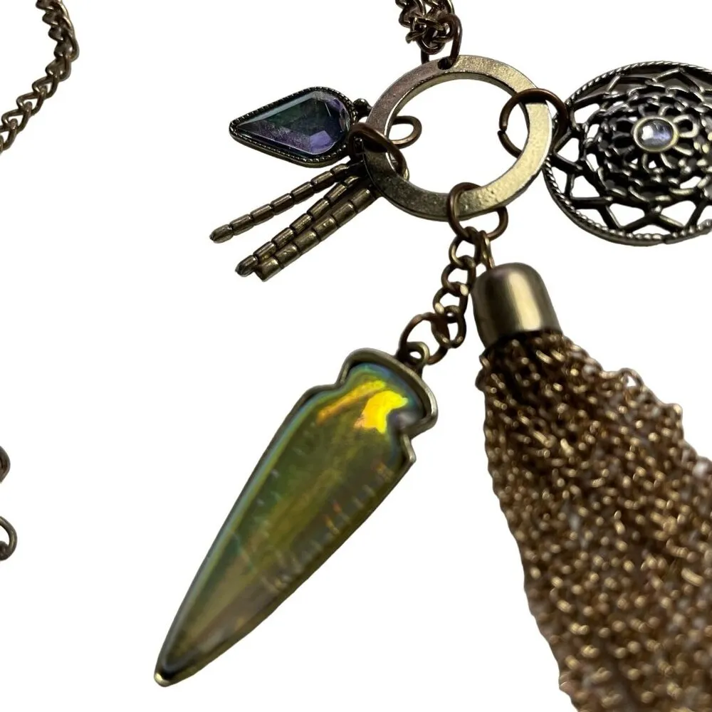 Vintage Charm Long Gold Tone Necklace Metal Tassels Pendant Charms u - Image 3