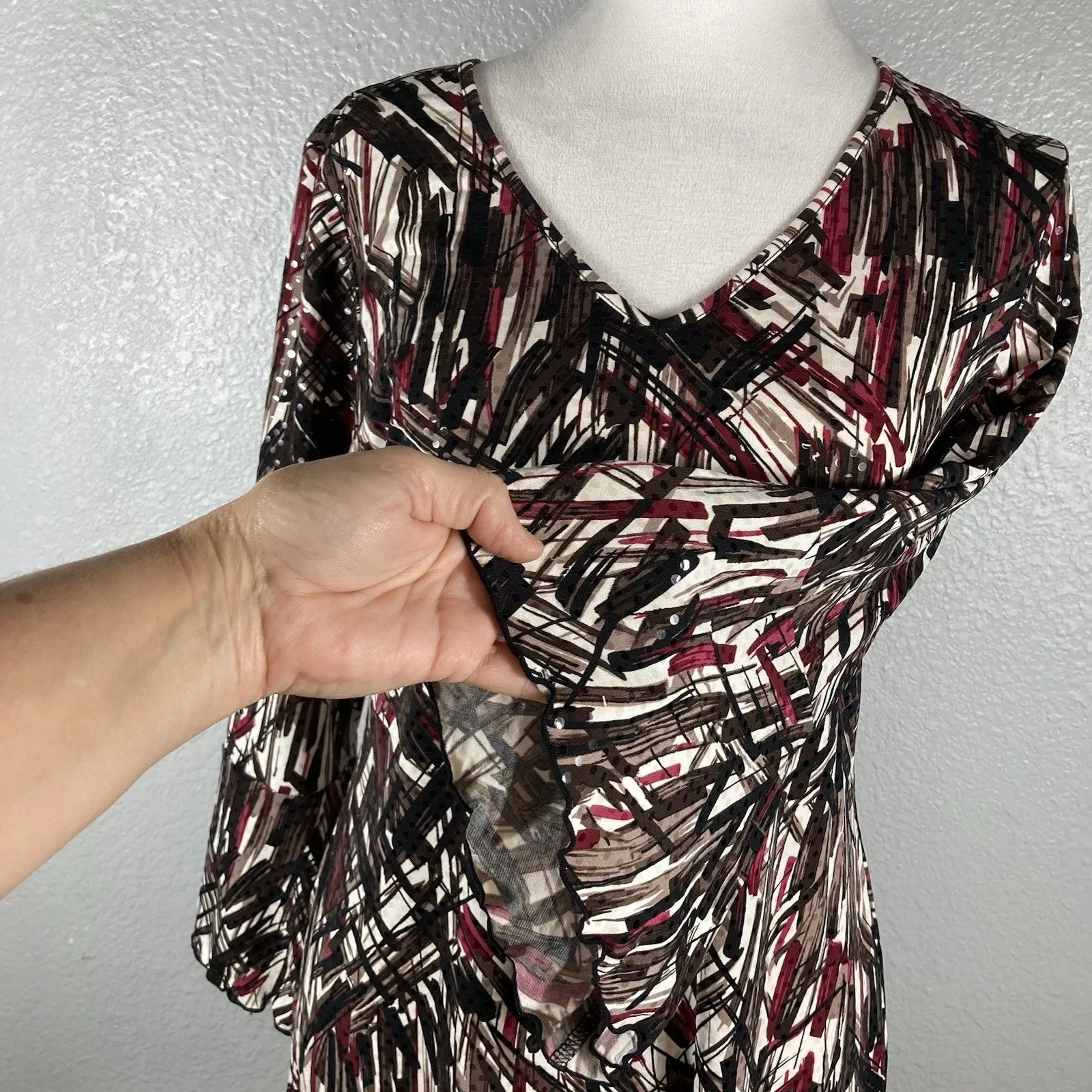 Cato’s Geometric Blouse Top S Shimmer Dots Shirt Stripe Print Bell Sleeve Career - Image 4