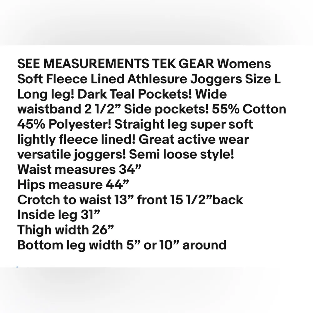 TEK GEAR Womens Soft Fleece Lined Athlesure Joggers Size L Long Teal Pockets New - Image 8