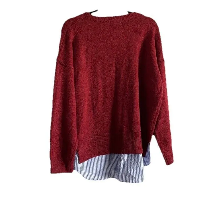 Umgee Women SZ S Red w/White & Blue Striped‎ Faux Layered Hem Pullover Sweater - Image 5