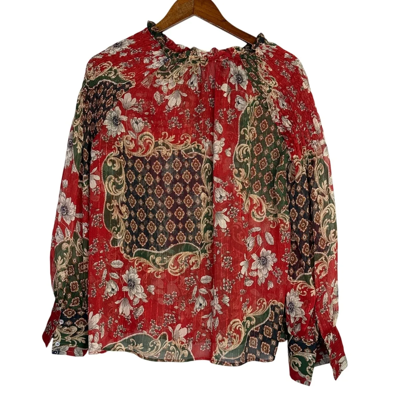 Zara Floral Sheer Long Sleeve Flowy Boho Blouse Smocked Ruffle Neck XL Red Green - Image 4