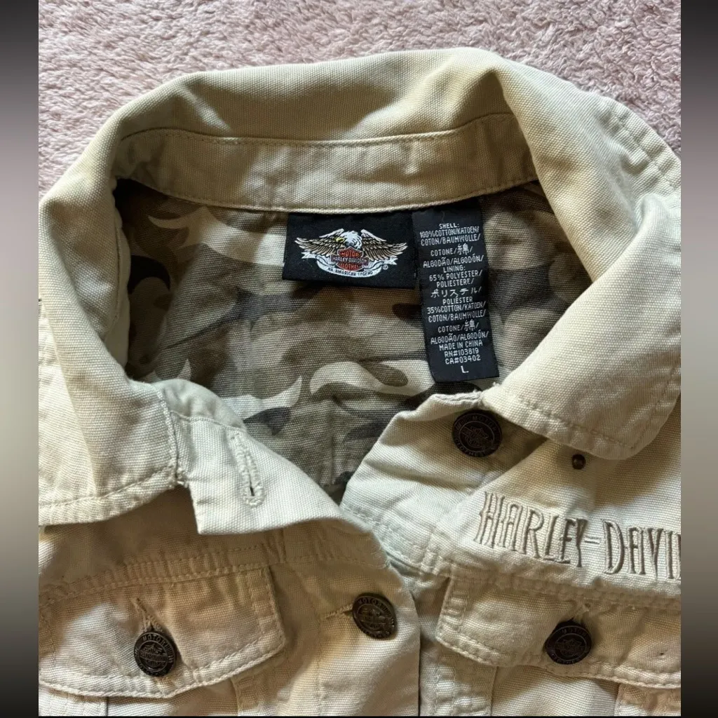 HARLEY DAVIDSON Women’s Crop Top Jacket‎ Canvas Biker Khakis Sz Large Yellow - Image 3