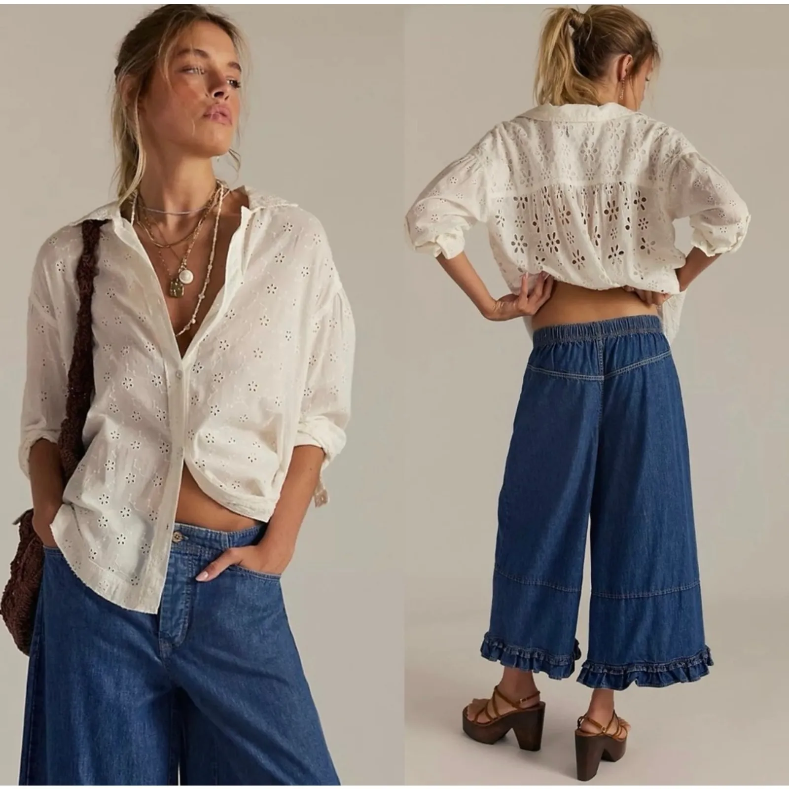 Free People Dainty Ethereal Cottage Mae Washed Eyelet Shirt in White Size Large - Image 5