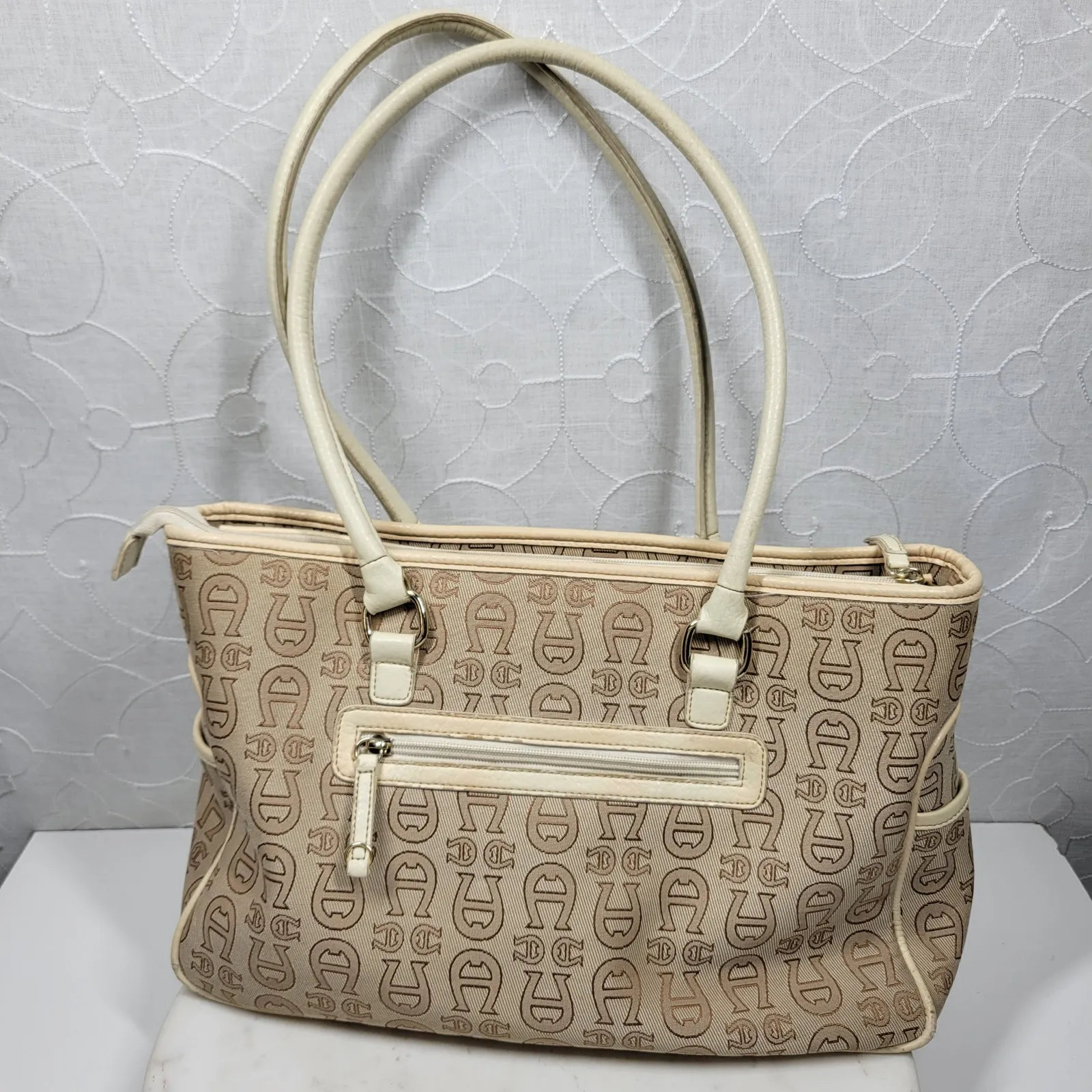 Vintage Etienne Aigner Monogram Logo Tote Shoulder Bag Large Office Pockets - Image 9