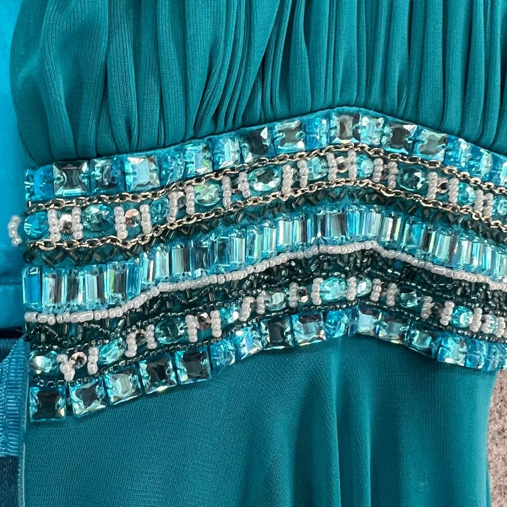 Aidan Mattox Maxi Dress 6 Teal Blue Beaded Rhinestones Ball Gown Prom Occasion - Image 6