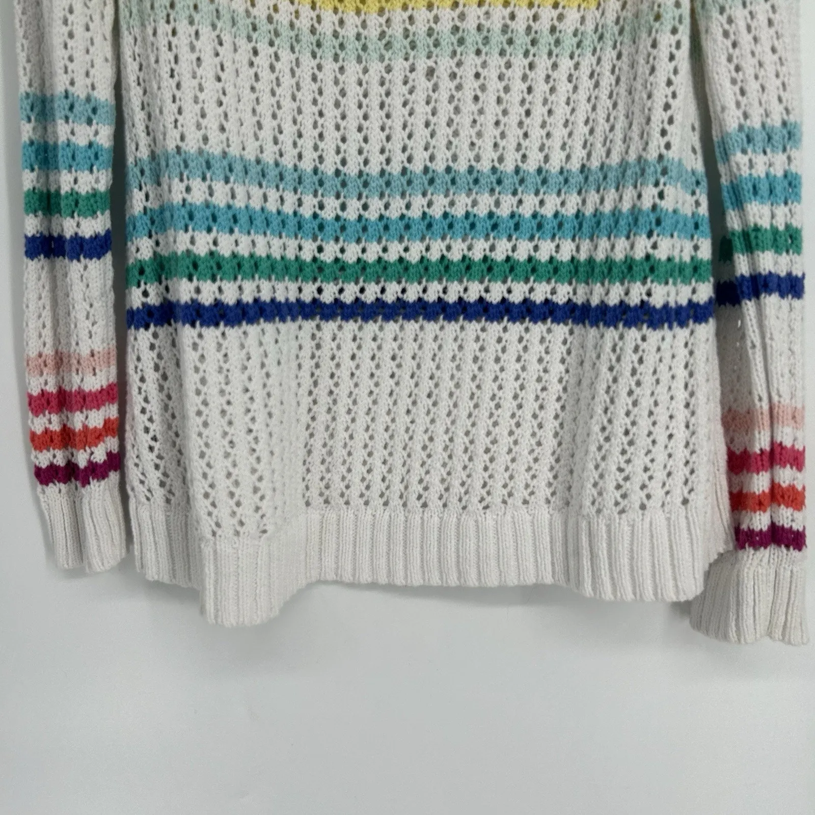 Talbots  Open Knit Sweater White Rainbow Stripe Pullover Crew Neck Size M - Image 8