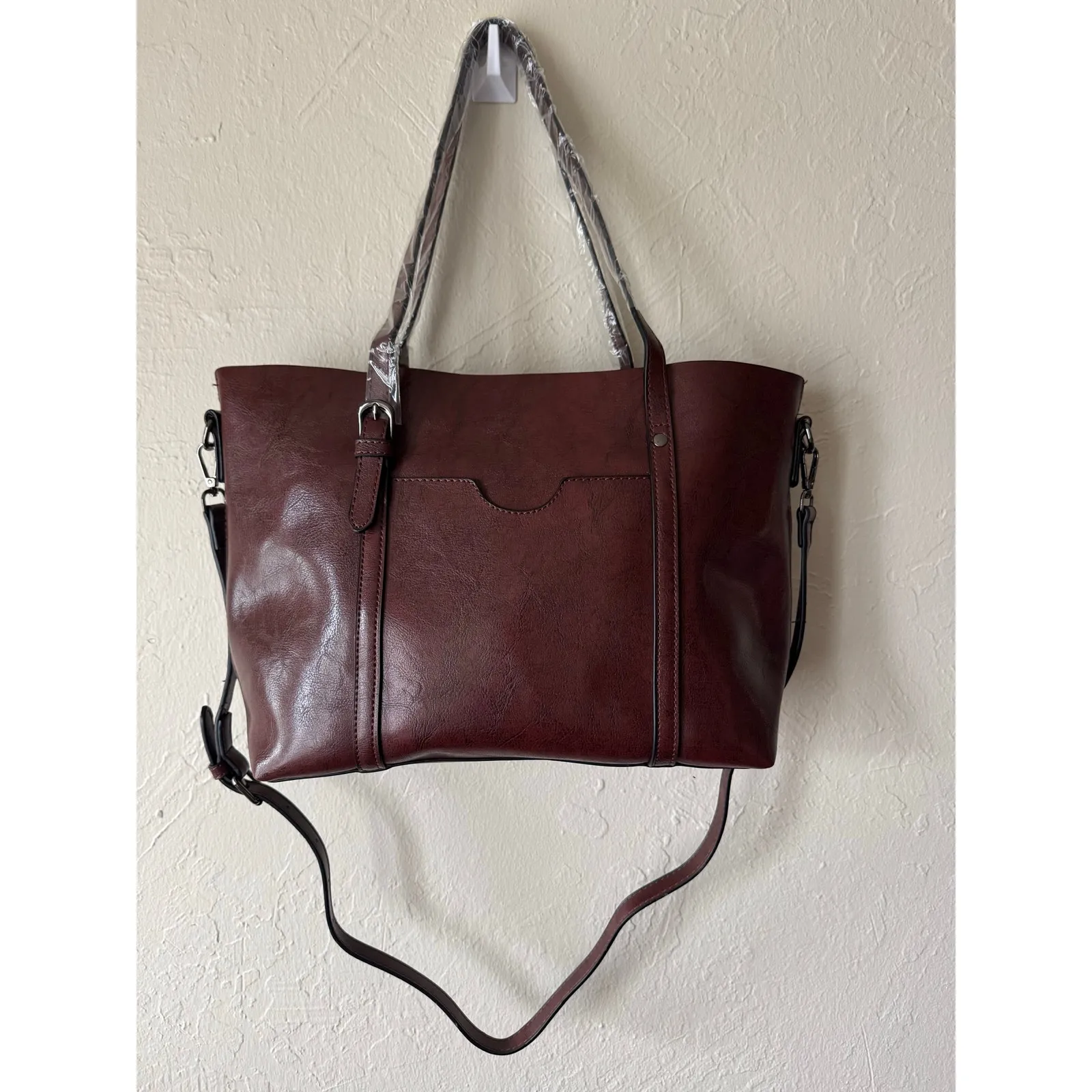 NWOT Elegant Faux Leather Tote with Removable Long Strap in Chocolate Brown - Image 9
