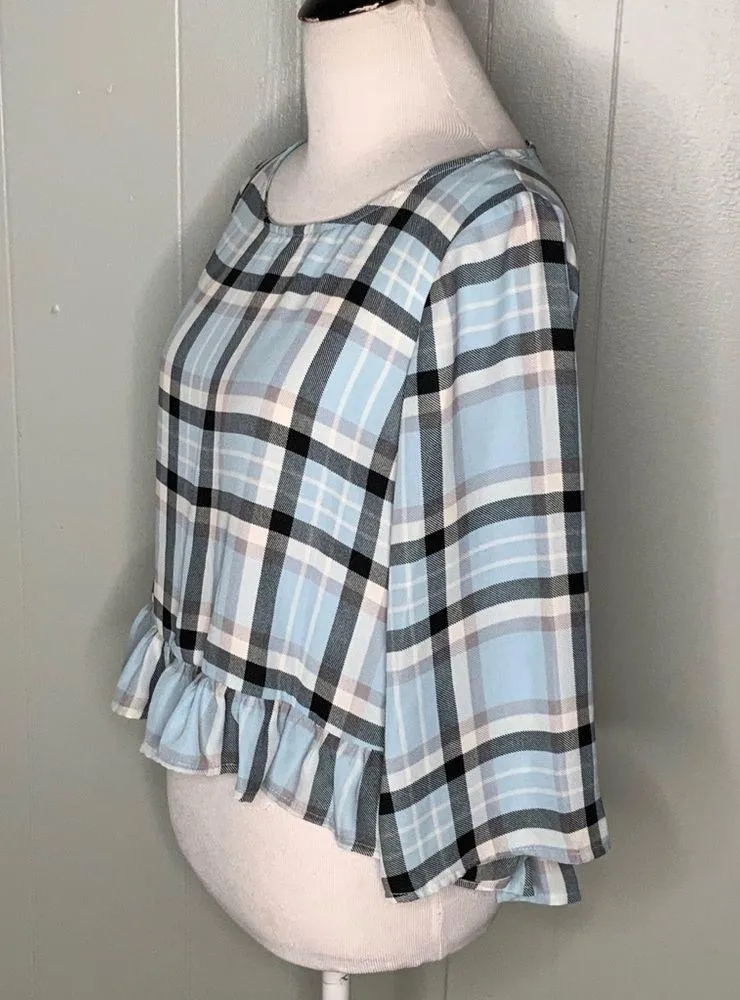Gianni Bini Blue Plaid Crop Top Wide Sleeves Ruffle Hem Dainty Blouse S - Image 4