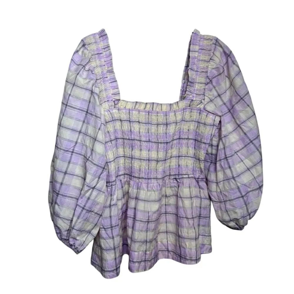 Ganni Smocked Seersucker Plaid Top Sz. 38 (M) - Image 3