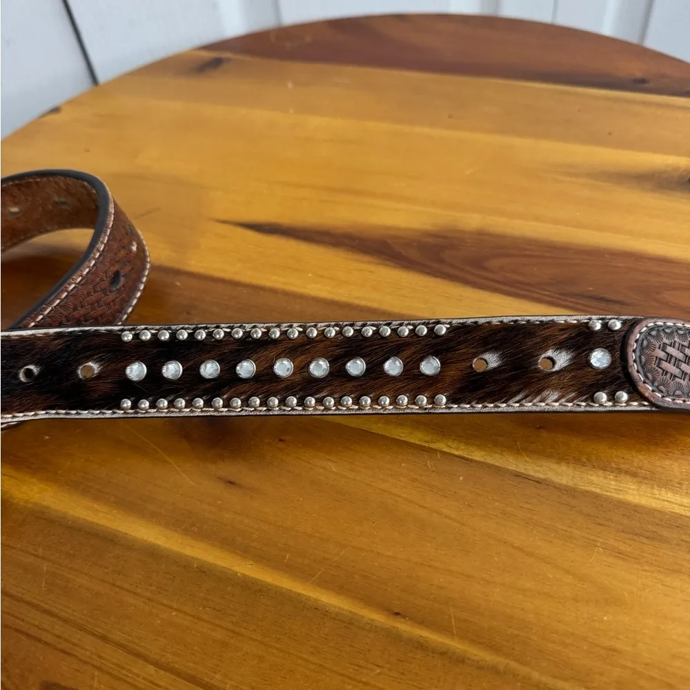 Nocona calf hair studded rhinestone leather belt size 22 Brown - Image 2