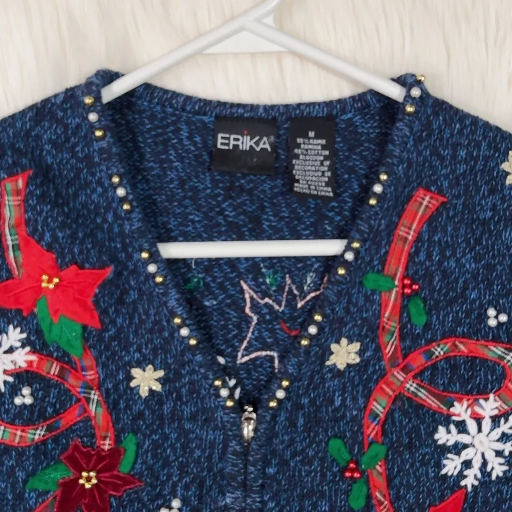 Erika  Vintage Blue Knit Beaded Christmas Cardigan Sweater Full Zip Vest Size M - Image 5