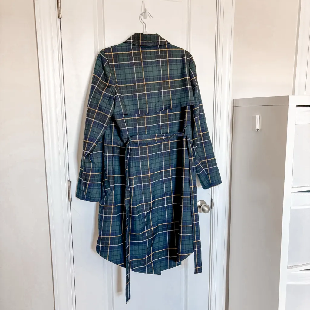J. Crew Collection Green Navy Tartan Plaid Classic Belted Wool Blend Trench Coat - Image 4