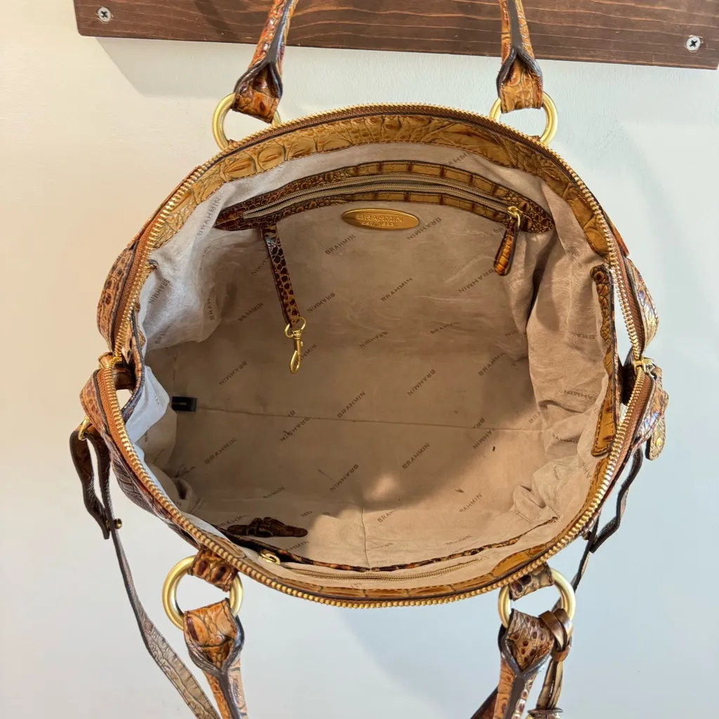 Brahmin Croc Embossed Leather Satchel Bag in Toasted Pecan Melbourne - Image 8