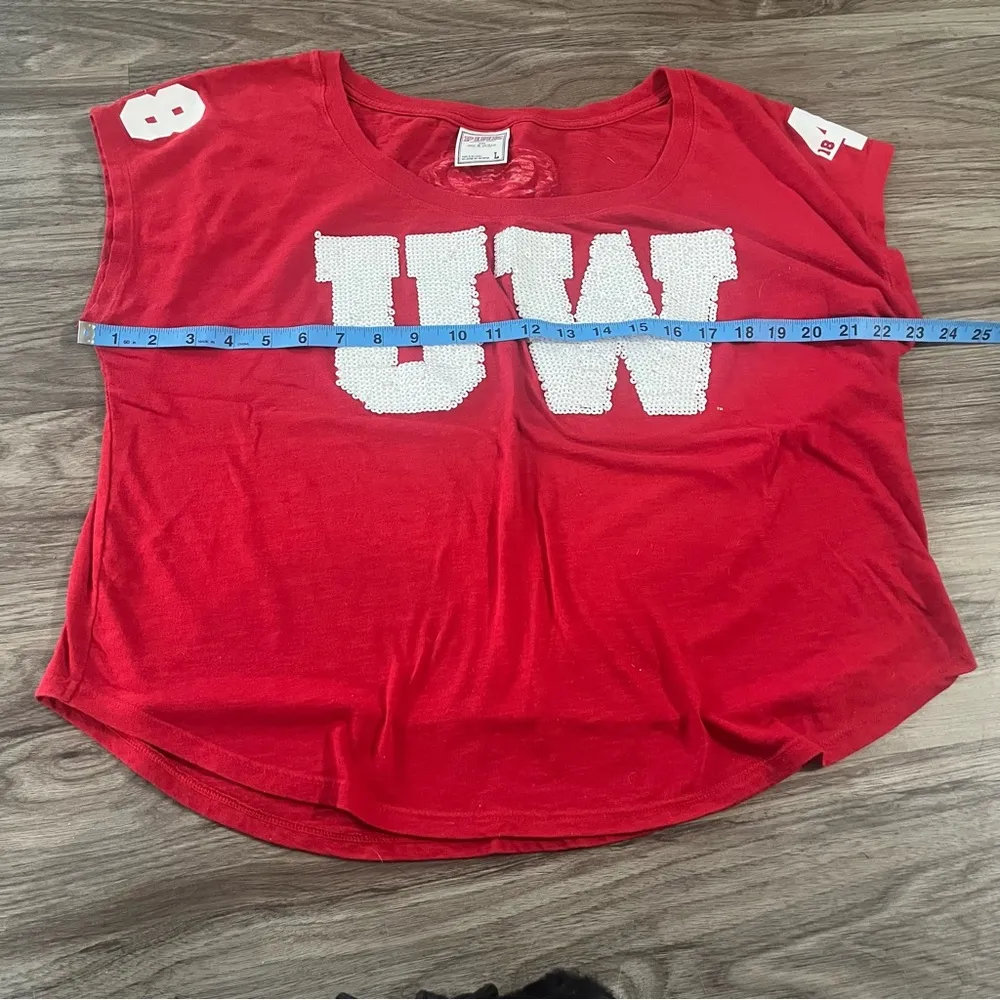 PINK Victoria’s Secret with 5th & Ocean White Sequins UW Red T-Shirt; Large - Image 4