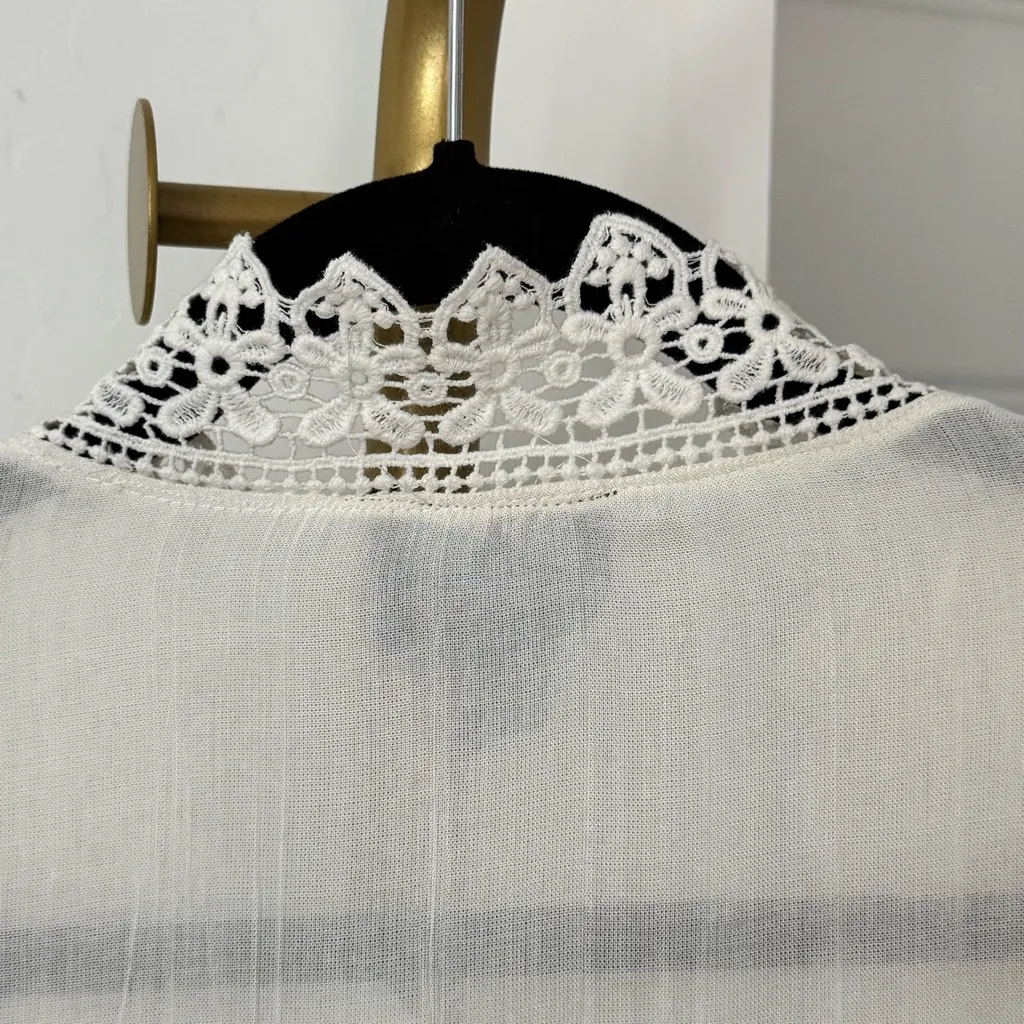 Women's‎ Boho Flowy Cream Crochet Lace Trim Bell Sleeve Kimono Duster Size Small - Image 9