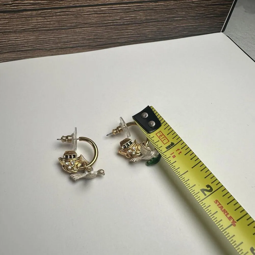 Joan Rivers Noah's Ark Peace Dove Bird Hoop Charm Pierced Earrings Gold Tone - Image 2