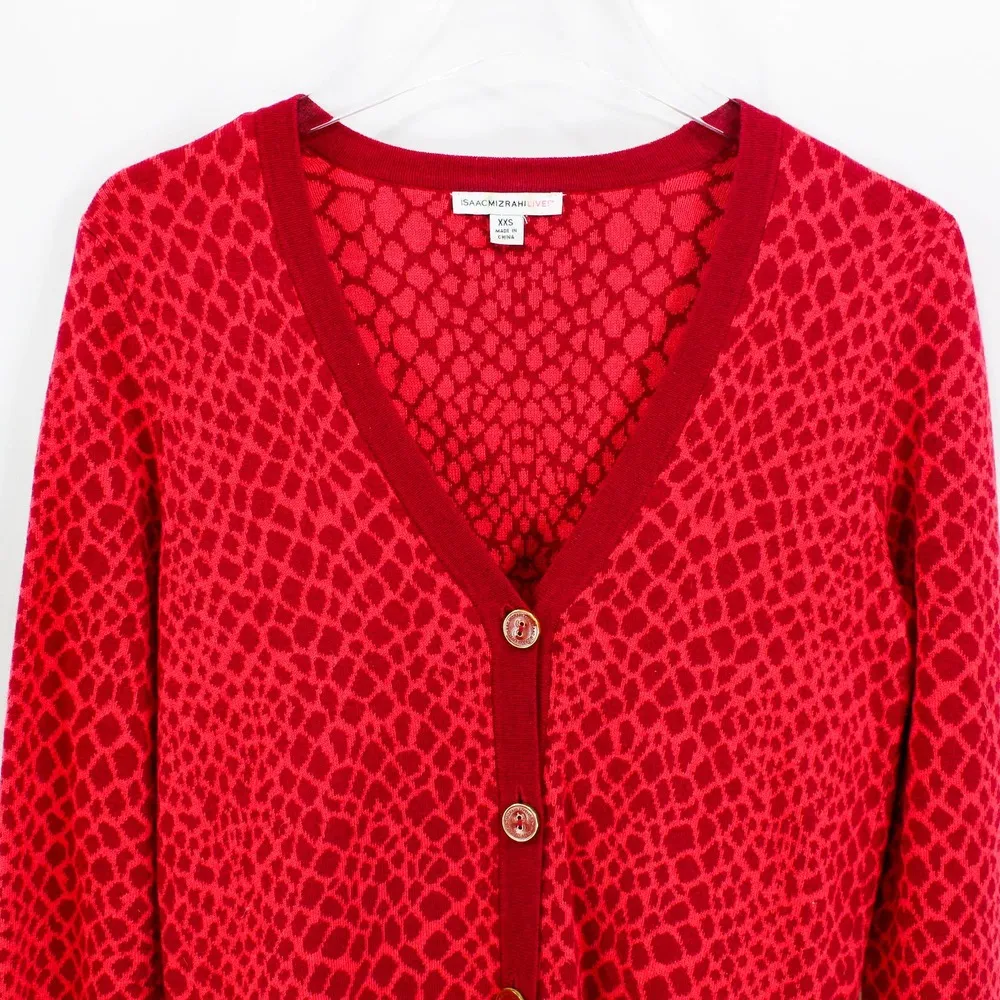 ISAAC MIZRAHI LIVE Red Snake Print V-Neck Cardigan Sweater - Image 5