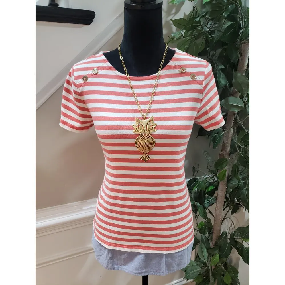 Tommy Hilfiger T-Shirt Women's Medium Red Striped Cotton Regular Fit Slit Hem - Image 2