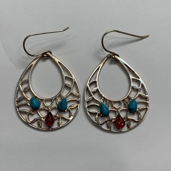 Shell Style Turquoise and Amber Drop Dangle Silver Earrings with Teardrop Stones - Image 1