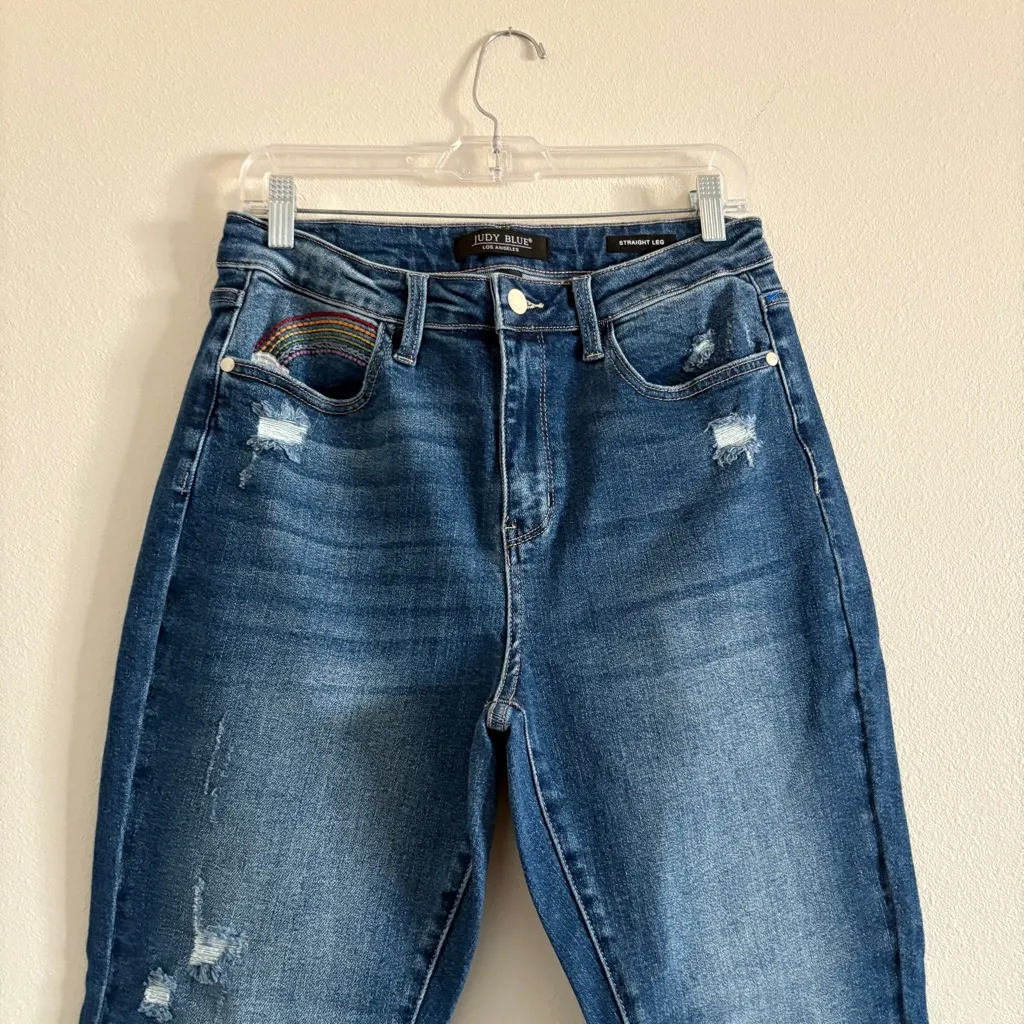 Judy Blue Rainbow Embroidered Womens Sz 30 Straight Leg Cropped Distressed Jeans - Image 4