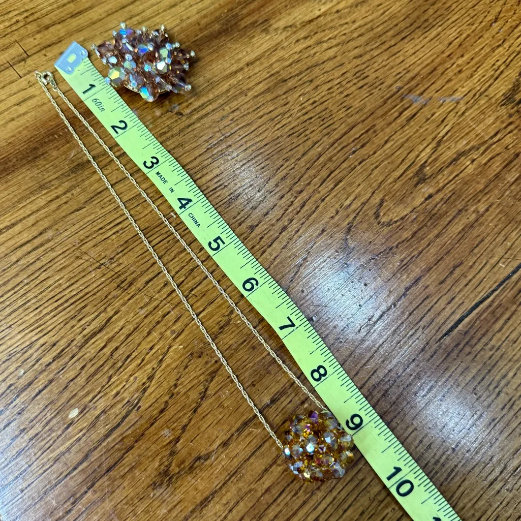 Vintage Amber Aurora Borealis Crystal Bead Jewelry Set, Brooch Pin & Necklace Orange - Image 8