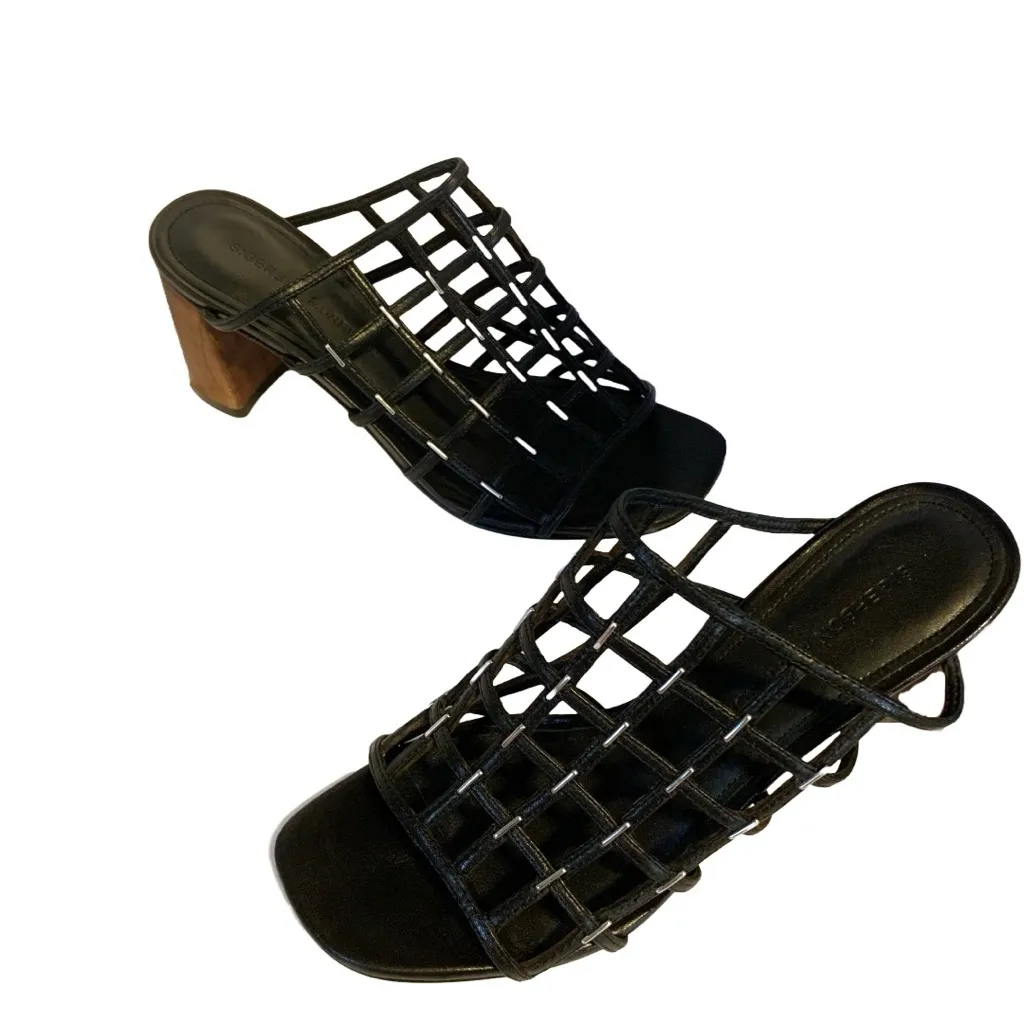 SIGERSON MORRISON BLACK LEATHER "DAINA" CAGED SLIDE BLOCK HEEL SHOES (36.5) Size 6.5 - Image 5