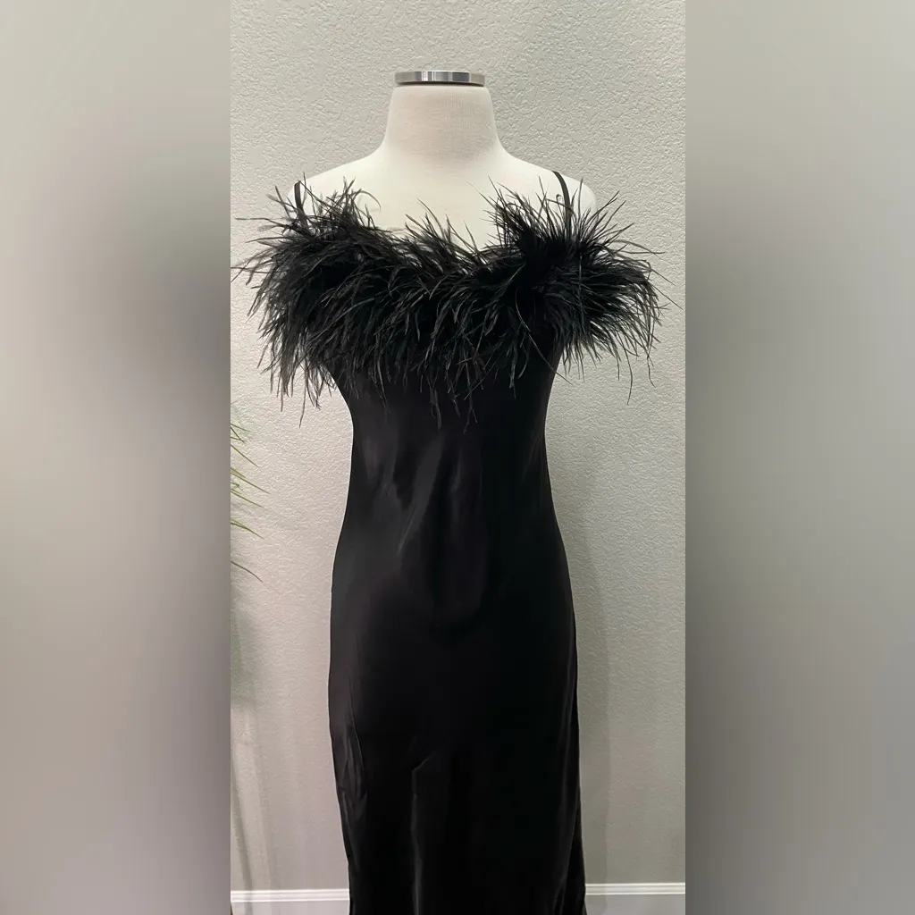 NWT SLEEPER Boheme Midi Slip
Dress with‎ Ostrich Feathers in Black Sz Small $350 - Image 7