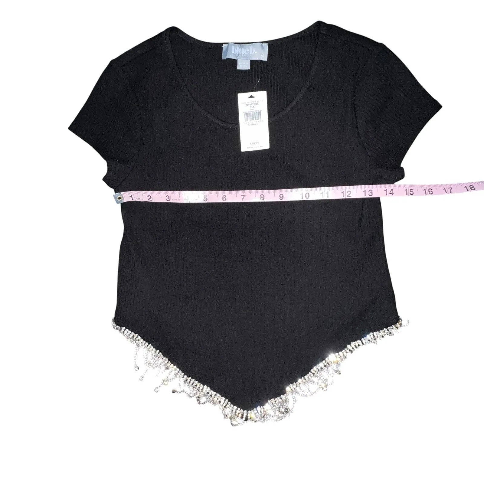 Blue B Ribbed Scoop Neck Rhinestone Fringe Cropped Top Women XS Short Sleeve New Black - Image 6