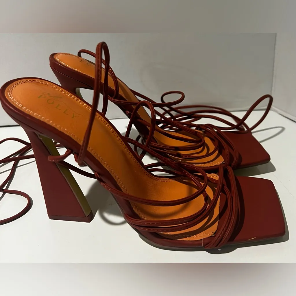 Oh Polly Bound to You Leatherette Lace Up Heels Sandals in Terracotta Size‎ 8.5 - Image 10