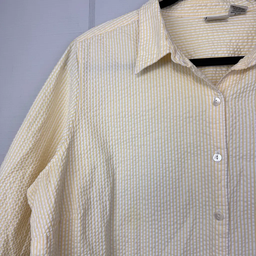 L.L. Bean Seersucker Yellow White Striped Button Up Collared Top 3/4 Sleeves 1X - Image 2