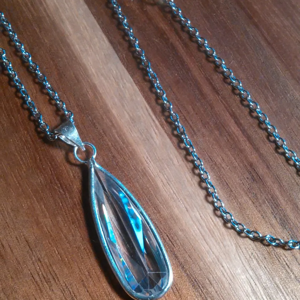 Simulated White Diamond Sterling Silver Pendant Stainless Steel Necklace - Image 9